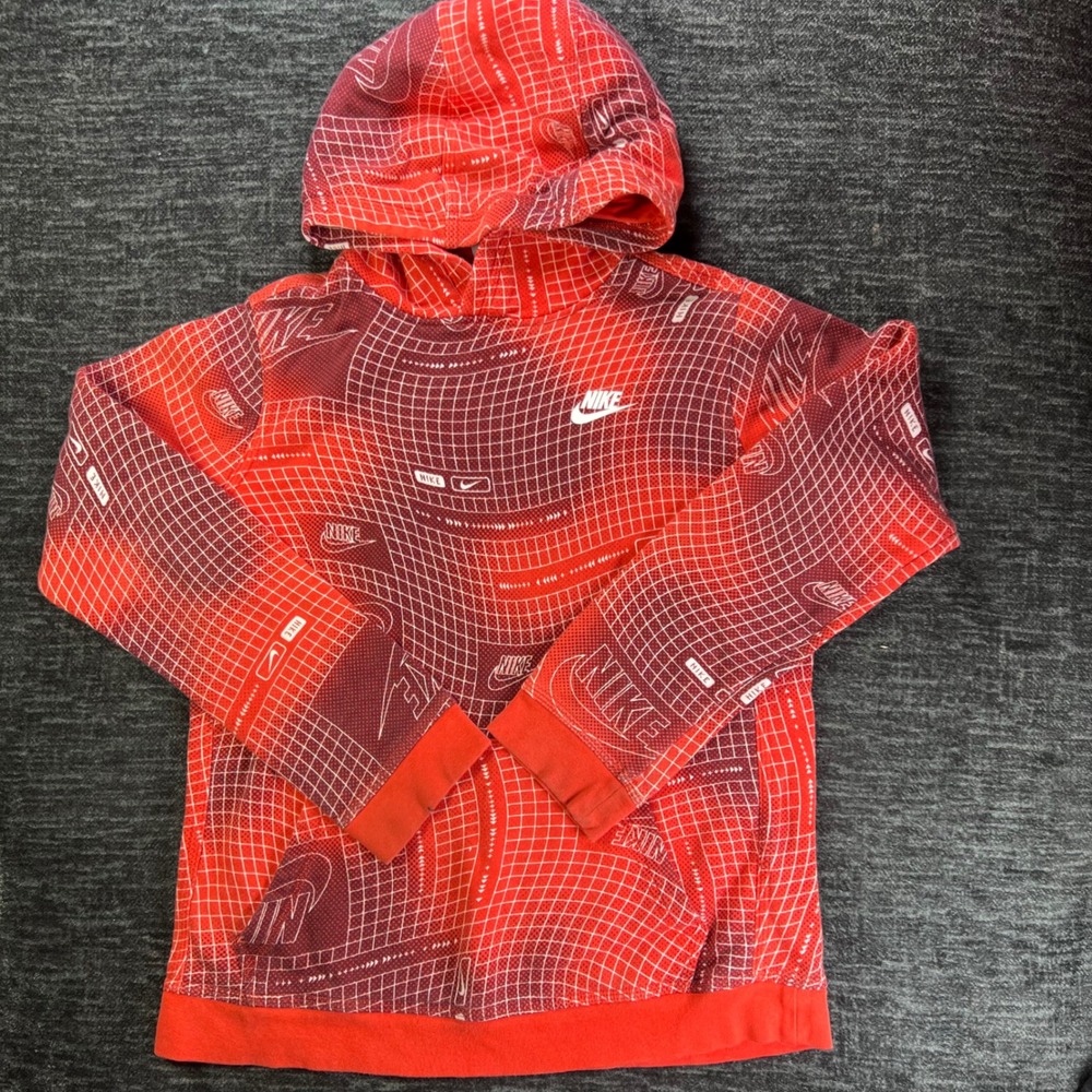 Nike Hoodie Boys XL Red Burgundy Grid Logo Print Fleece Pullover Sweatshirt